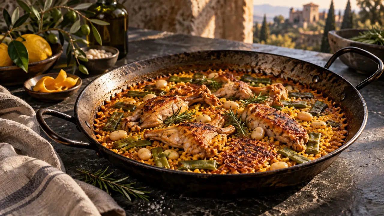 Paella gastronomique aux couleurs méditerranéennes, présentée dans une paella noire