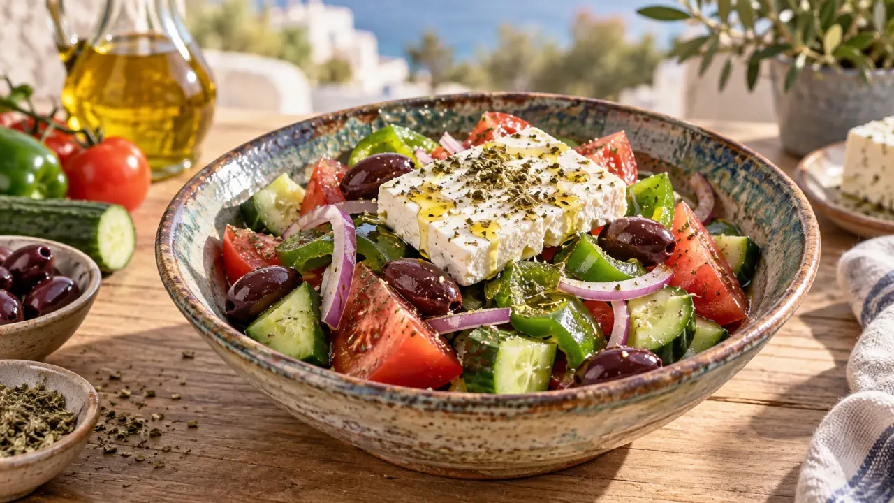 Horiatiki : la salade grecque prête en 15 minutes, avec l’huile d’olive à la place de la vinaigrette