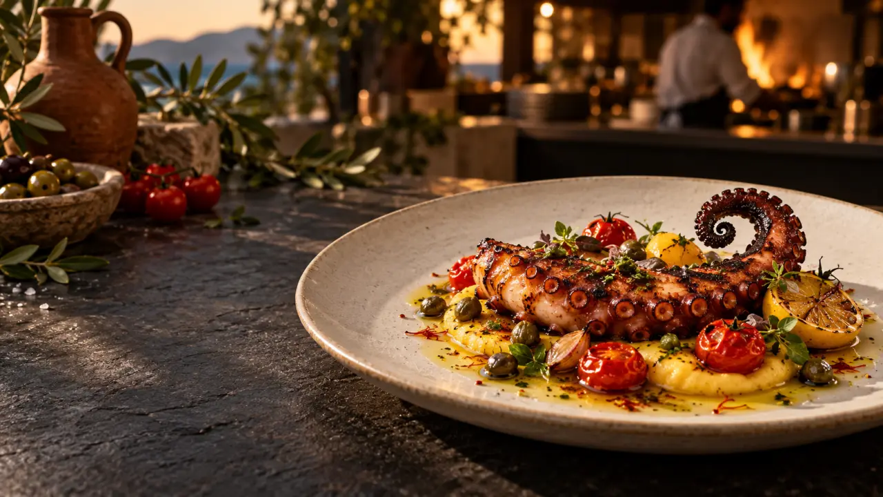 Poulpe gastronomique à la méditerranéenne dressé sur une assiette sombre