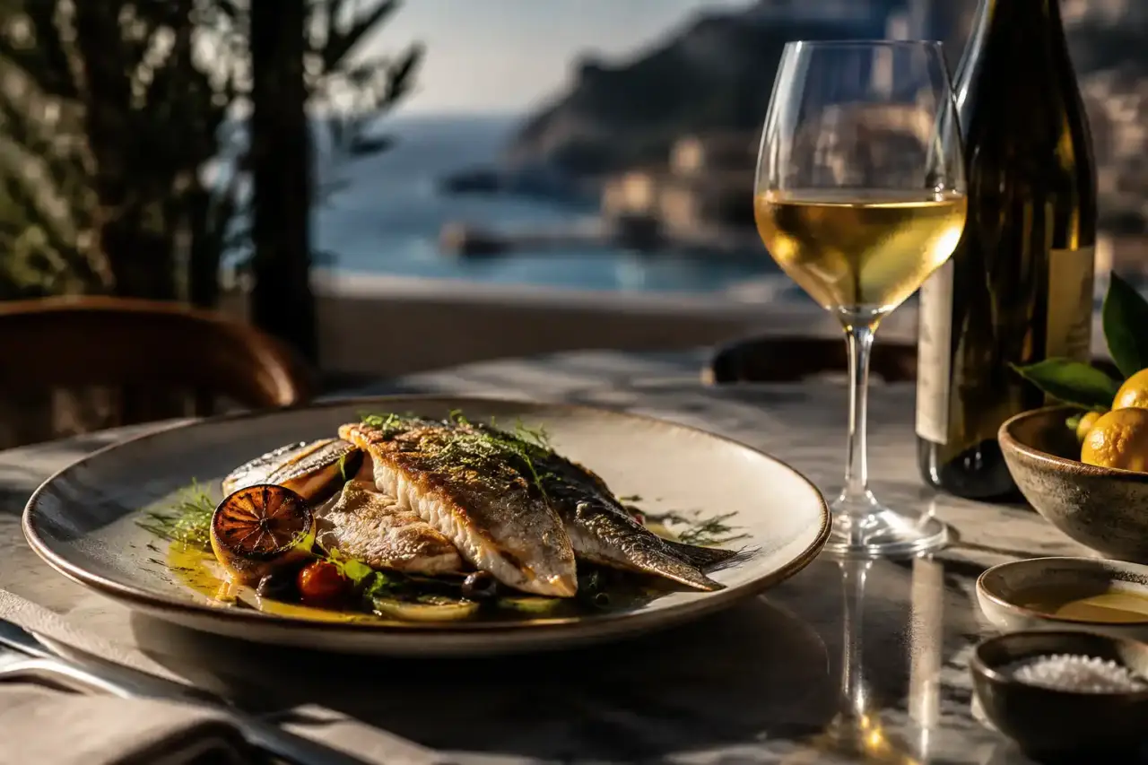 Assiette gastronomique de dorade méditerranéenne accompagnée d’un verre de vermentino