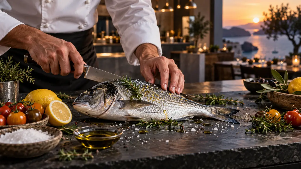 Poisson méditerranéen gastronomique dressé sur une assiette sombre