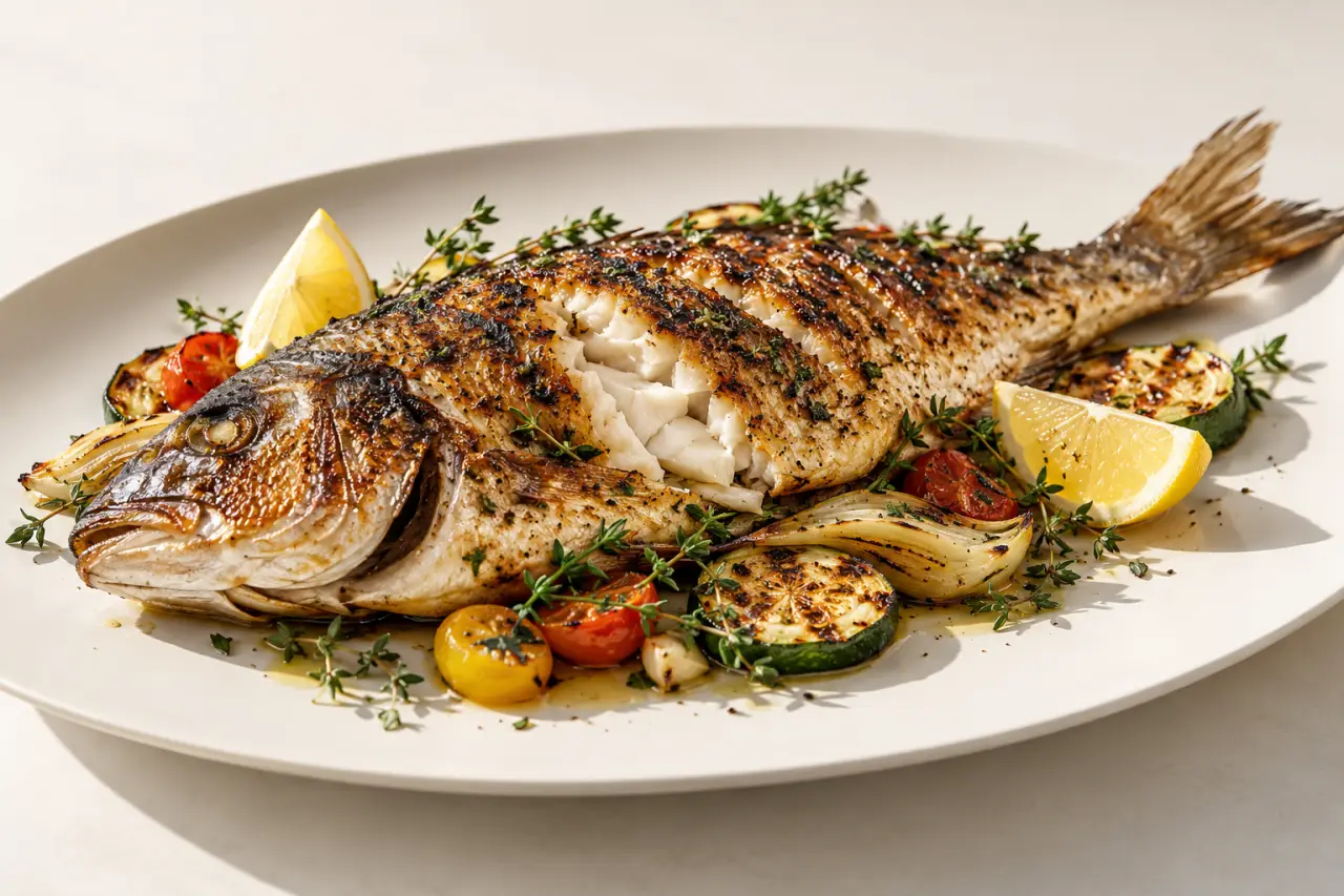 Poisson grillé entier aux herbes avec peau dorée et légumes grillés