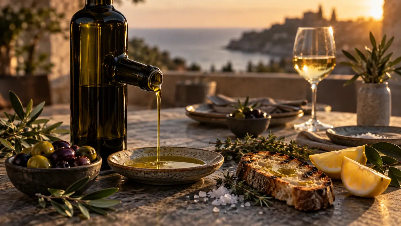 Huile d’olive méditerranéenne présentée dans une assiette gastronomique