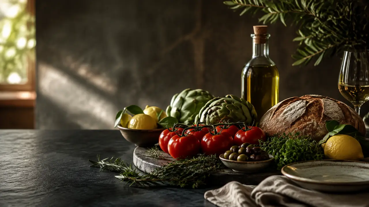 Plat gastronomique méditerranéen sur assiette noire, éclairage dramatique