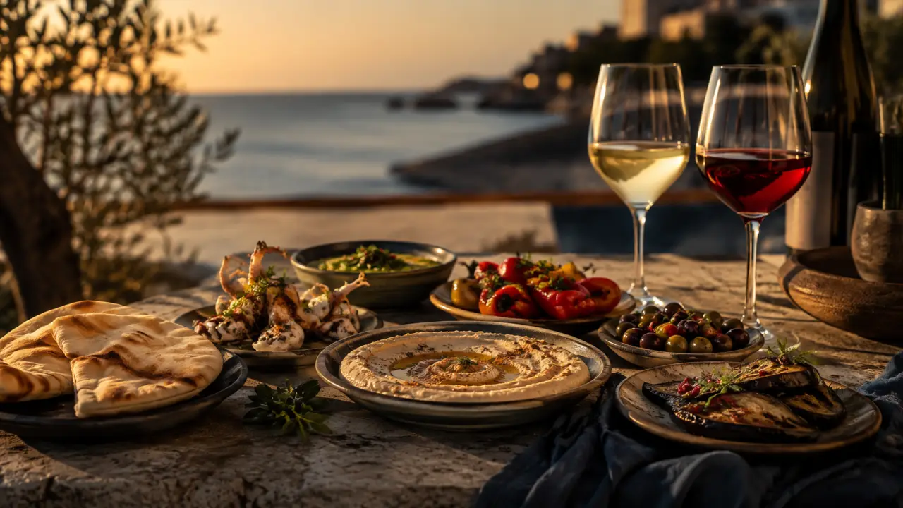 Assortiment de mezze méditerranéens accompagné de verres de vin sur une table élégante