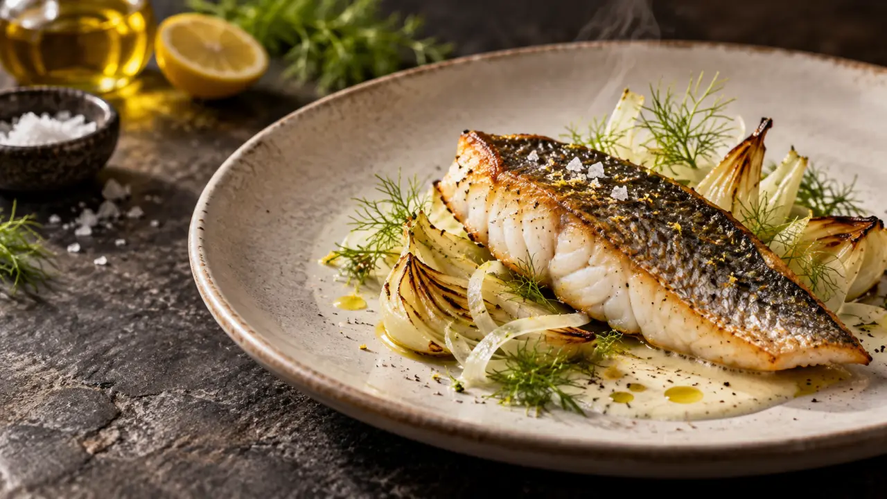 Dorade gastronomique accompagnée de fenouil sur une assiette sombre