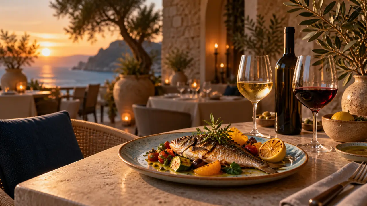 Plat gastronomique méditerranéen accompagné d'un verre de vin dans une ambiance sombre et élégante