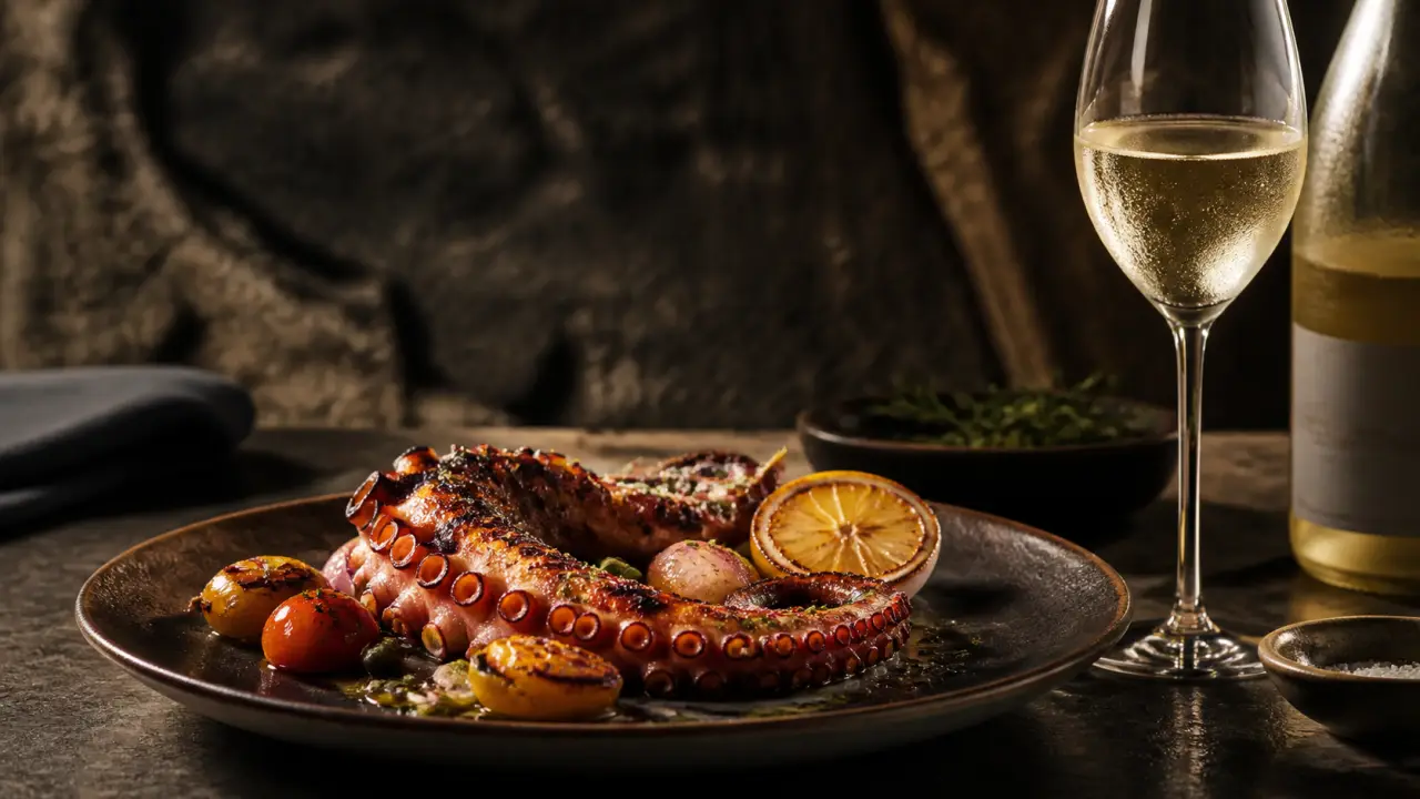 Poulpe grillé gastronomique accompagné d’un verre de vermentino dans une ambiance méditerranéenne sombre