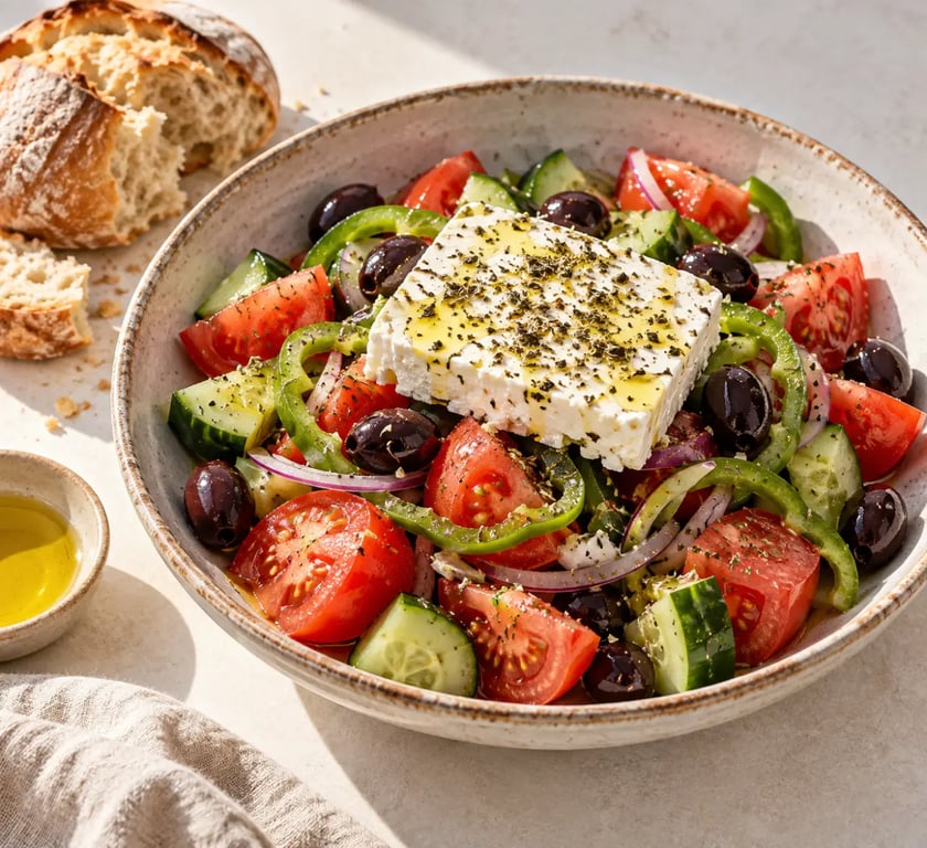 Horiatiki traditionnelle servie dans un grand plat avec feta, tomates, concombre et olives