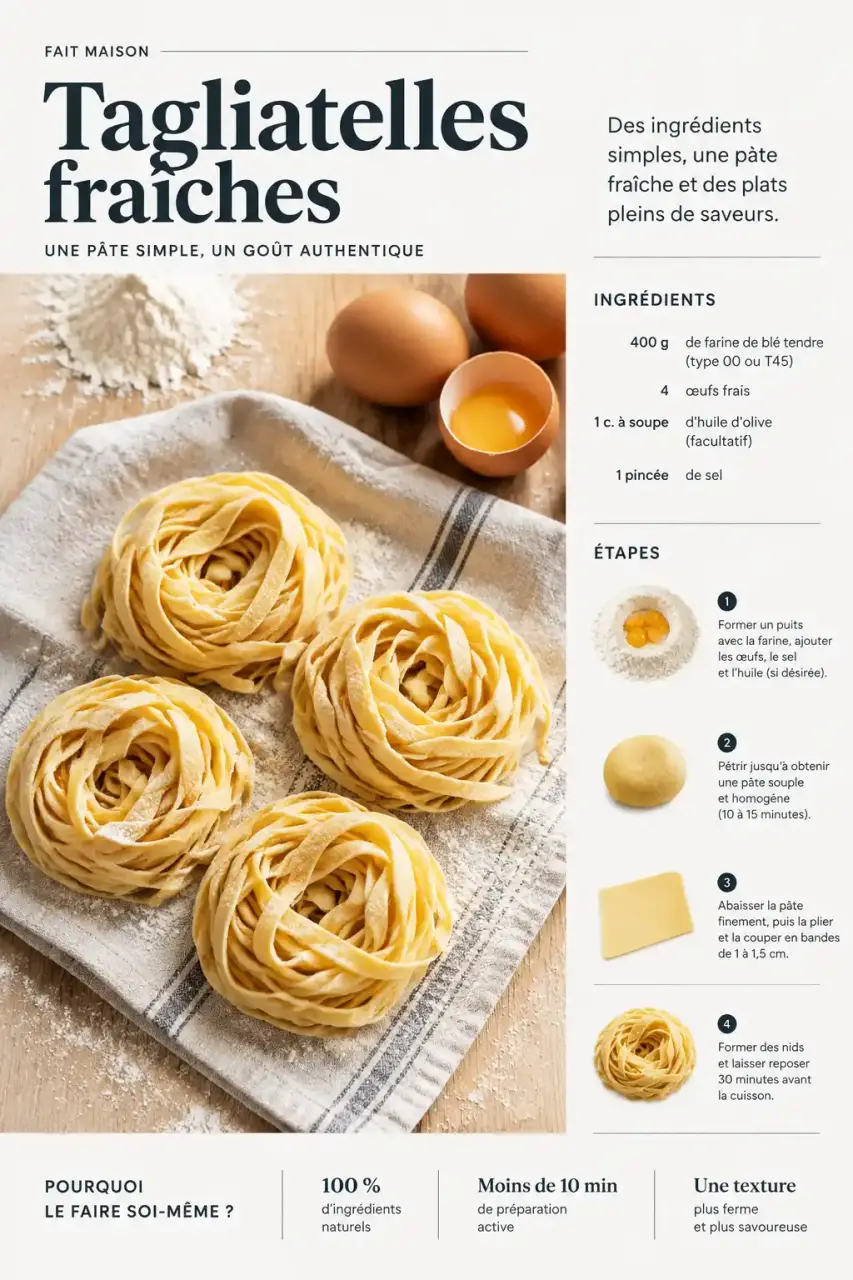 Pâtes fraîches maison : nids de tagliatelles prêts à cuire sur un torchon fariné