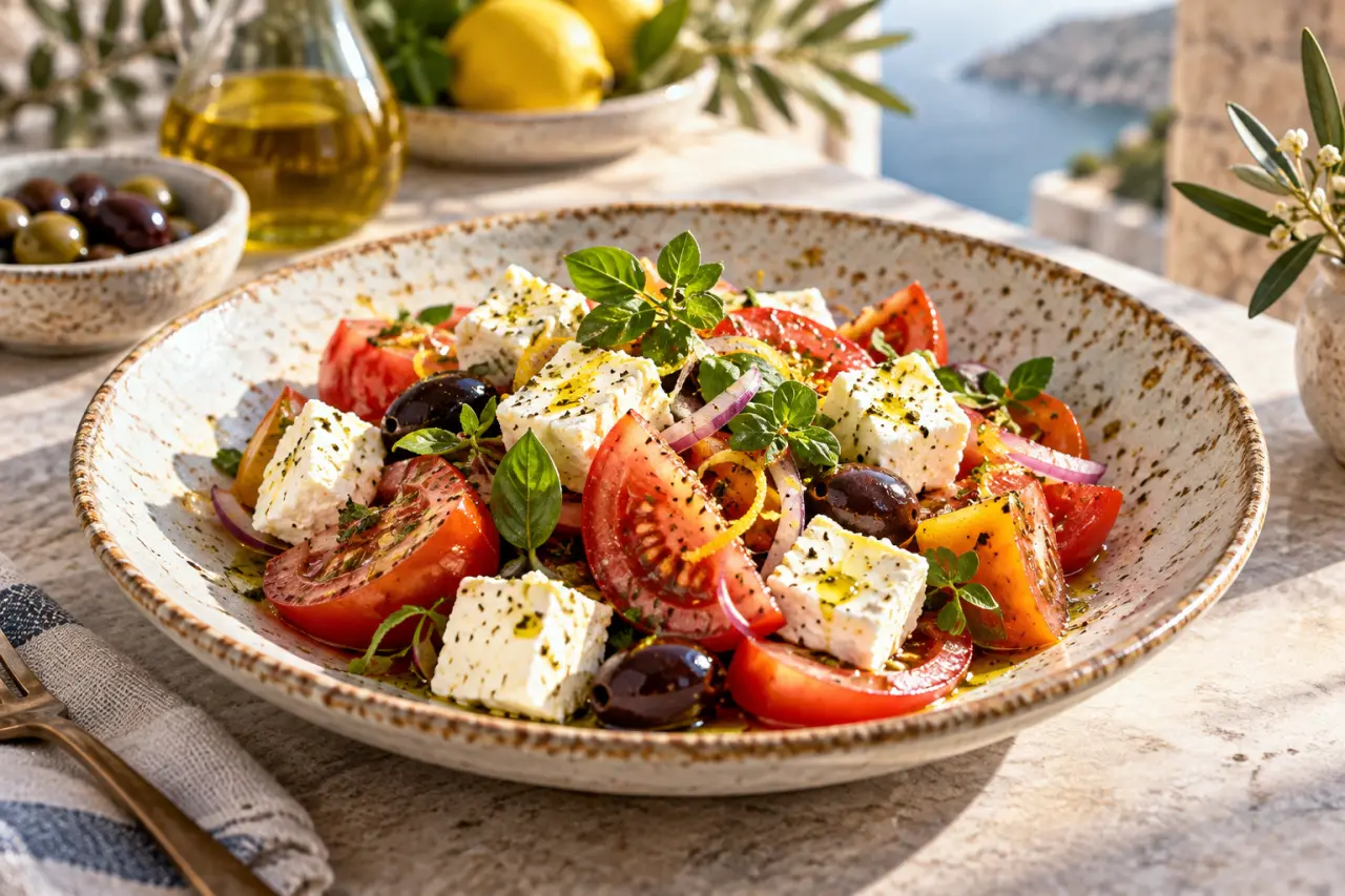 Tomate, feta, huile d’olive et citron : une salade fraîche, pas une soupe