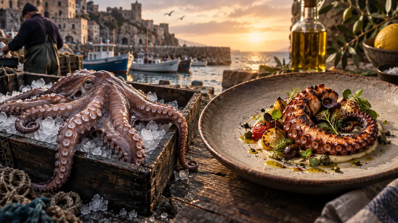 Poulpe gastronomique dressé sur une assiette sombre au Restaurant Giro