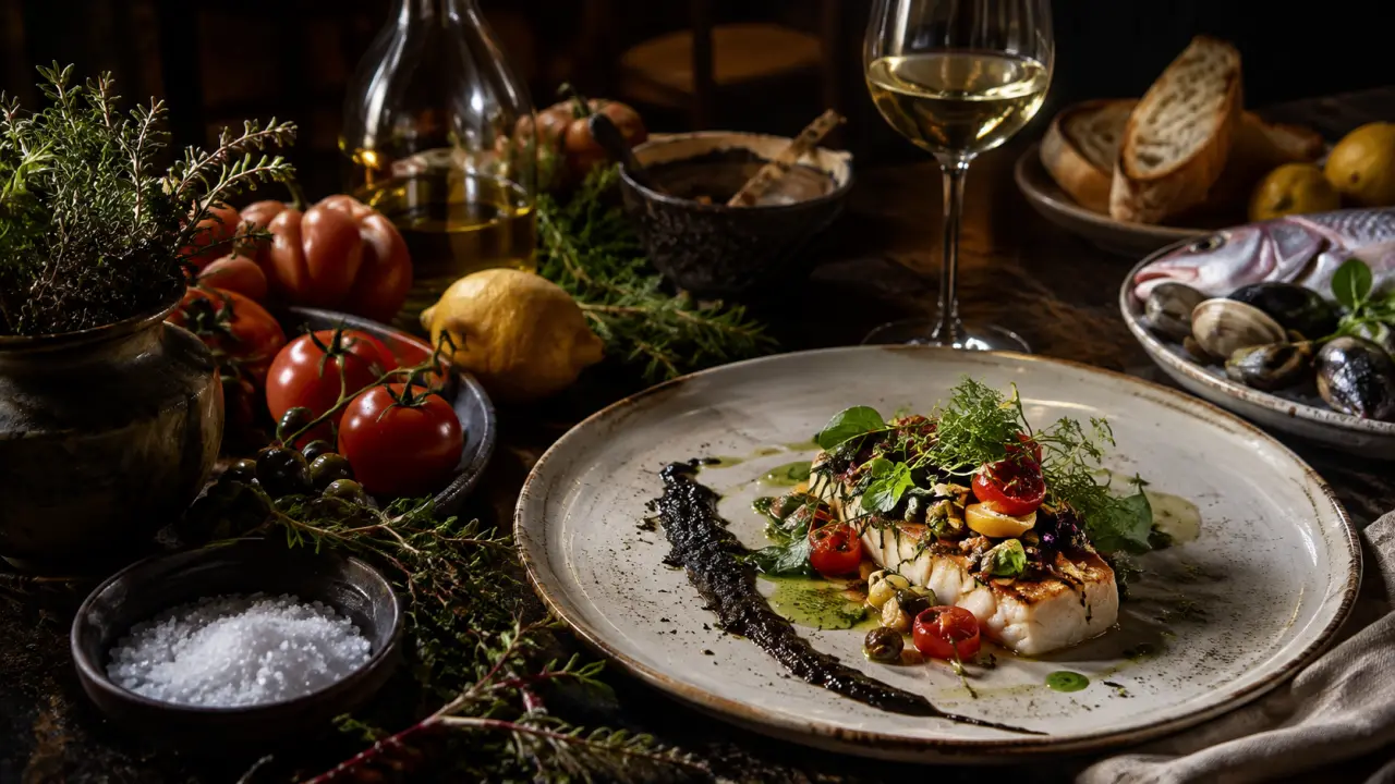 Plat gastronomique méditerranéen en lumière dramatique