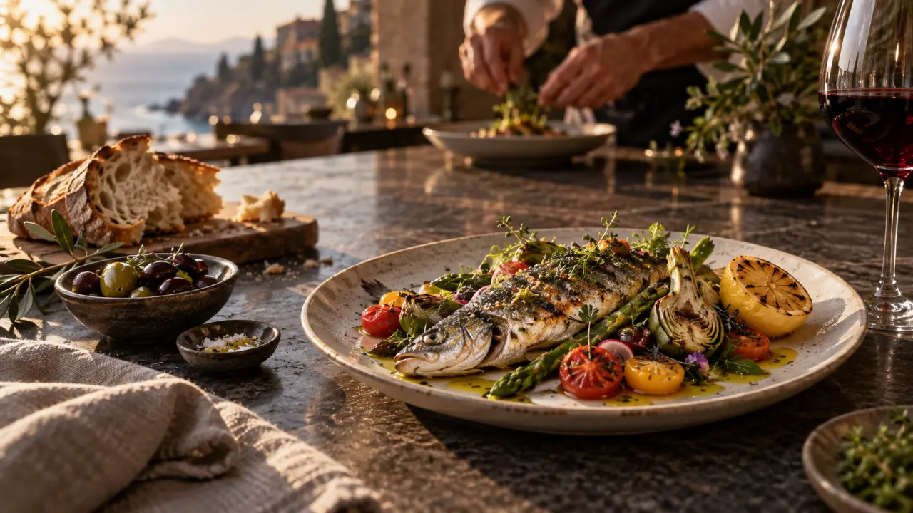 Plat gastronomique méditerranéen servi sur une assiette noire