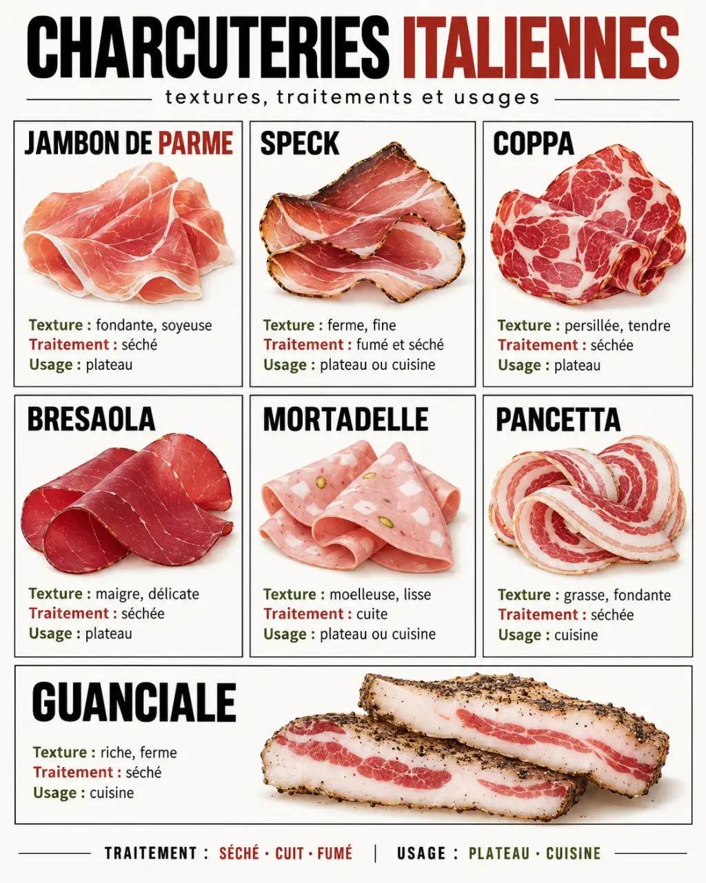 Infographie des principales spécialités de charcuterie italienne, avec leurs textures et usages