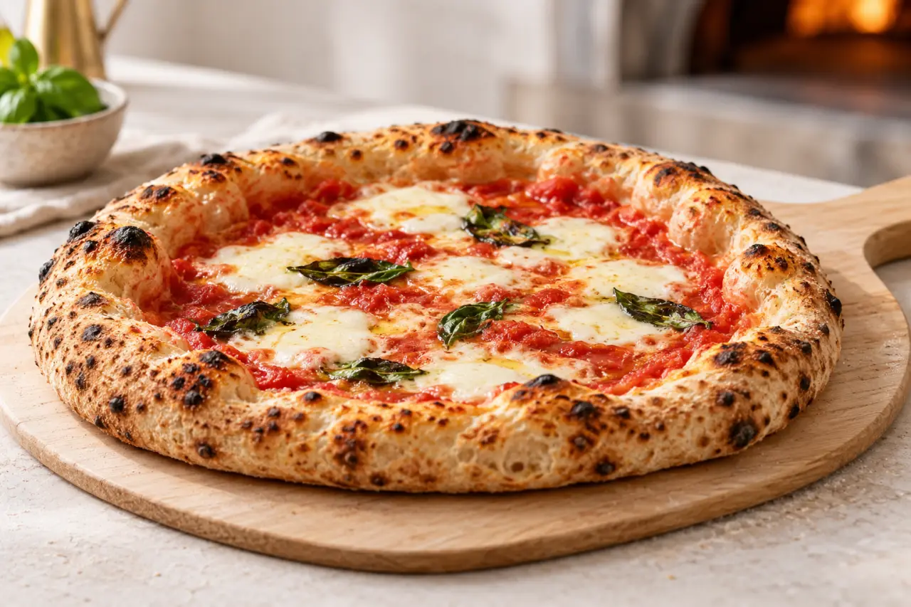 Pâtes à pizza napolitaine maison avec cornicione gonflé et centre fin