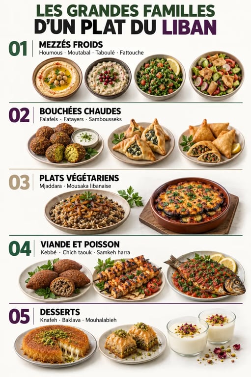 Infographie des principales familles de plats du Liban, des mezzés aux desserts