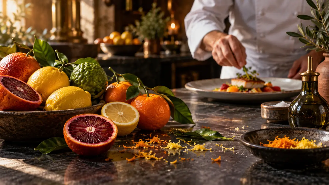 Agrumes méditerranéens et assiette gastronomique dans une lumière sombre et dorée