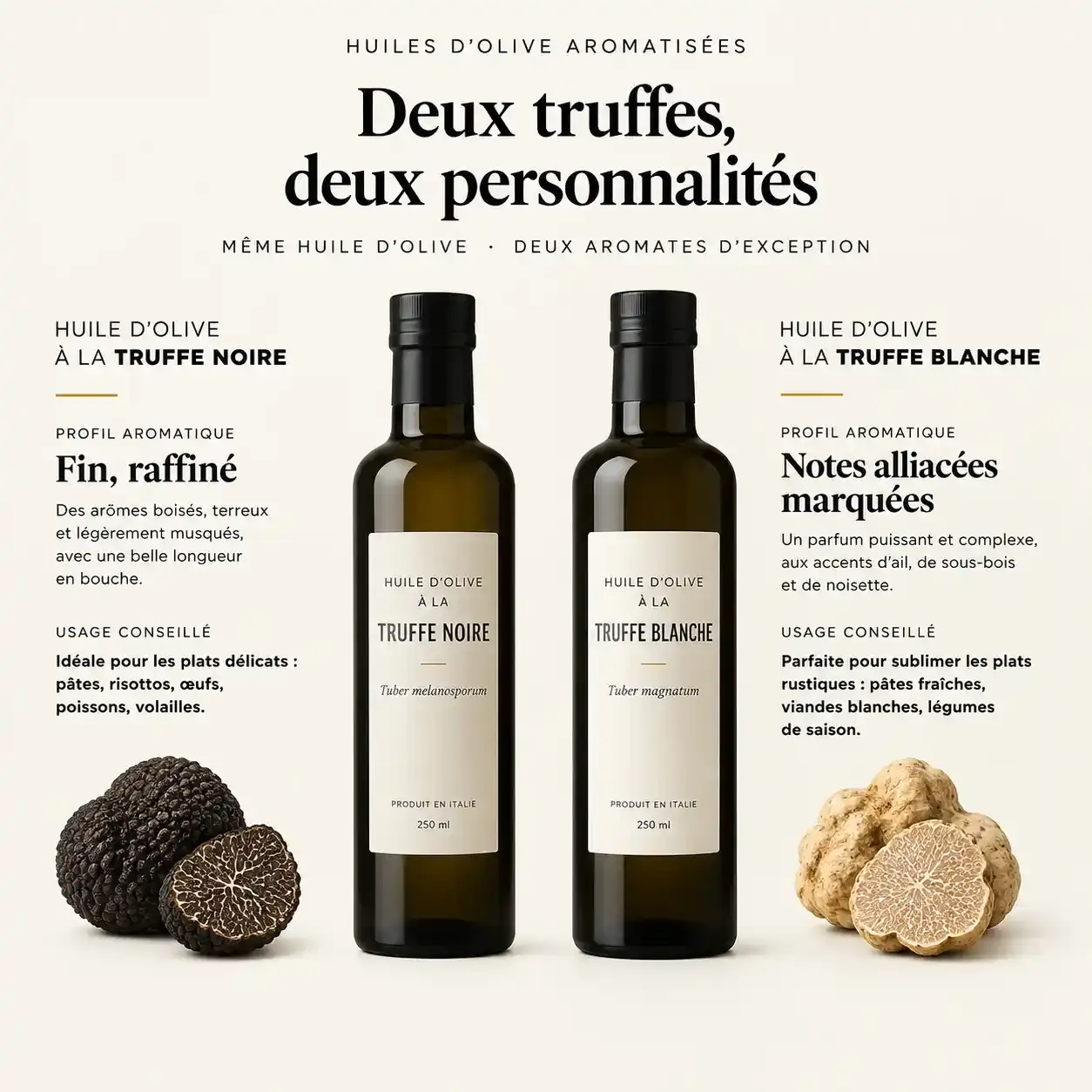 Comparatif huile d'olive aux truffes : flacons de truffe noire et de truffe blanche, profils aromatiques et usages