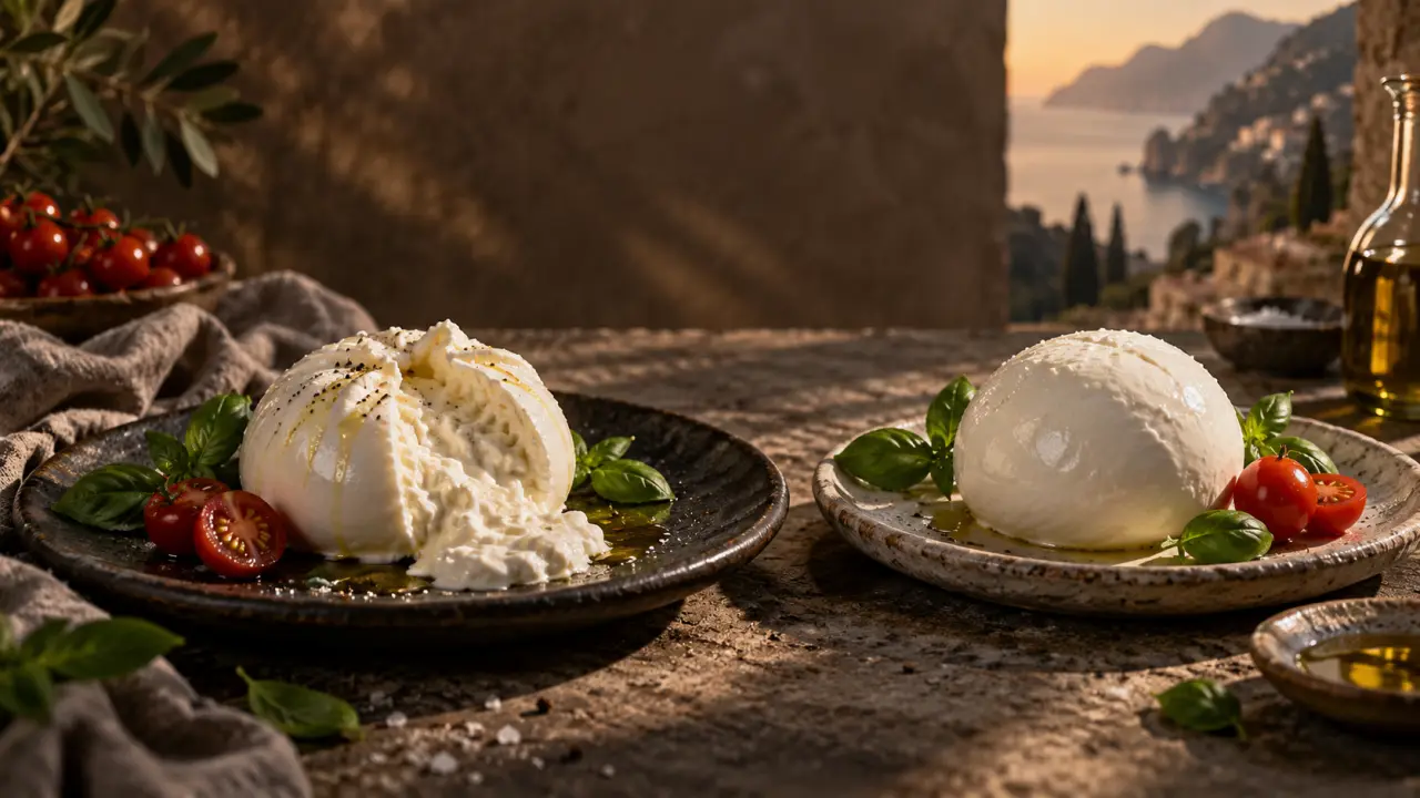 Burrata et mozzarella di bufala servies sur une assiette sombre, avec tomates méditerranéennes et huile d'olive