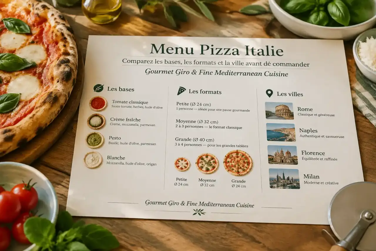 Menu Pizza Italie : comparez les bases, les formats et la ville avant de commander