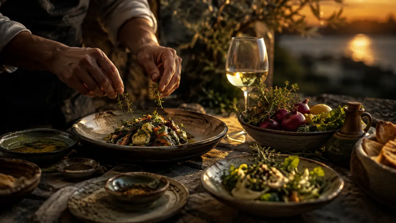 Plat méditerranéen gastronomique sur assiette noire, lumière dramatique et détails dorés