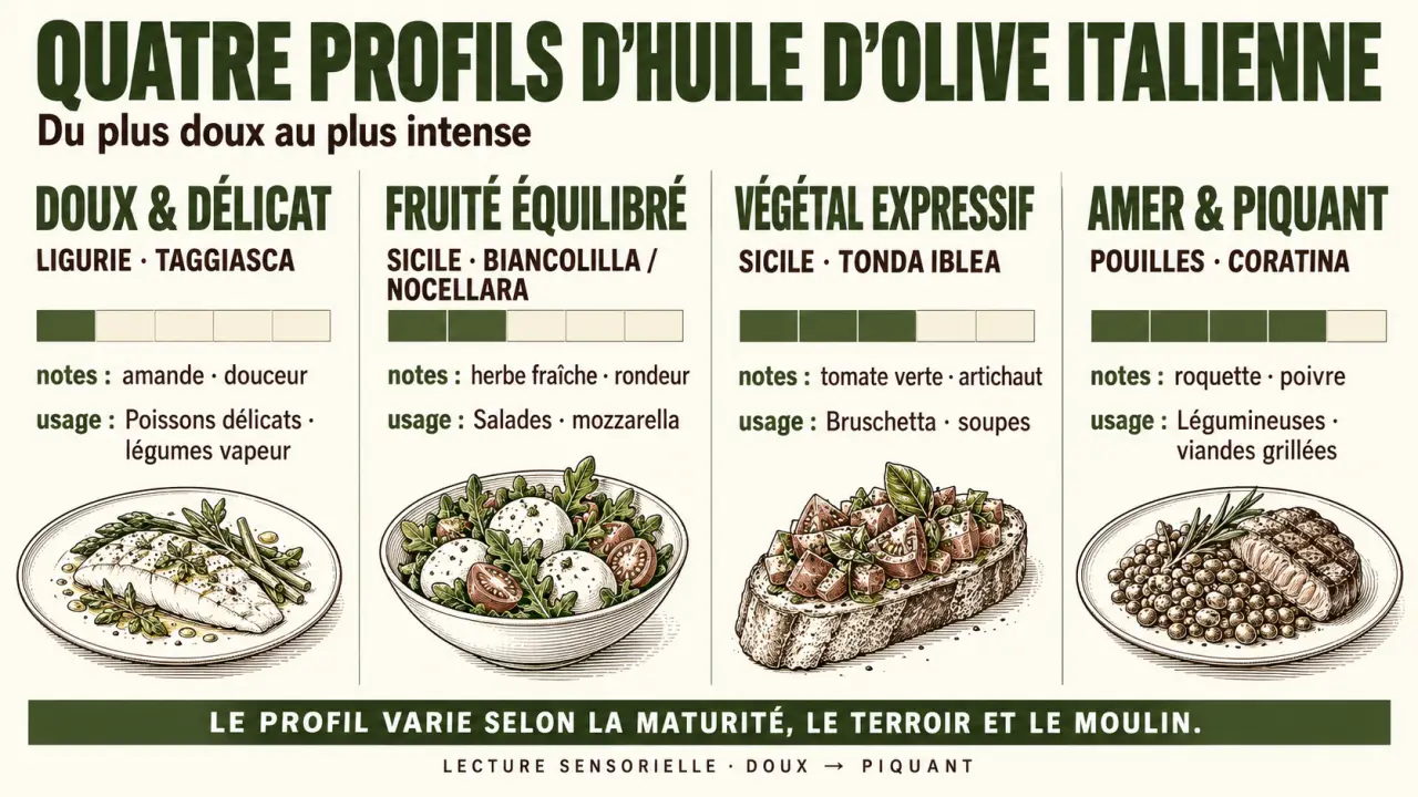 Infographie des profils d’une huile d’olive italienne selon les régions, variétés et usages culinaires