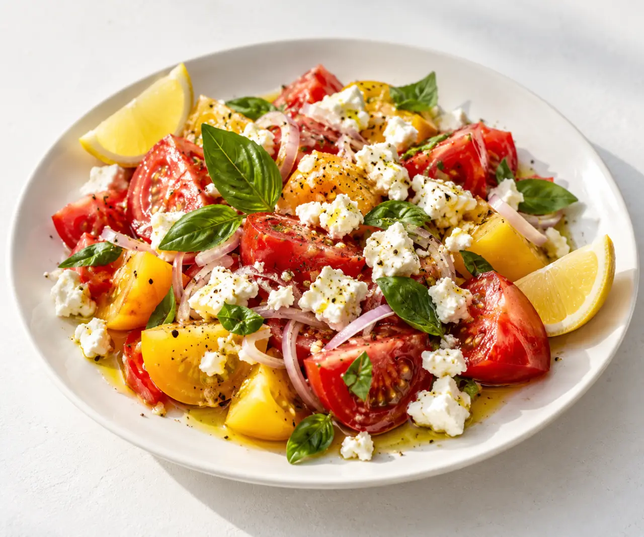 Salade tomate feta huile d olive et citron aux tomates rouges et jaunes
