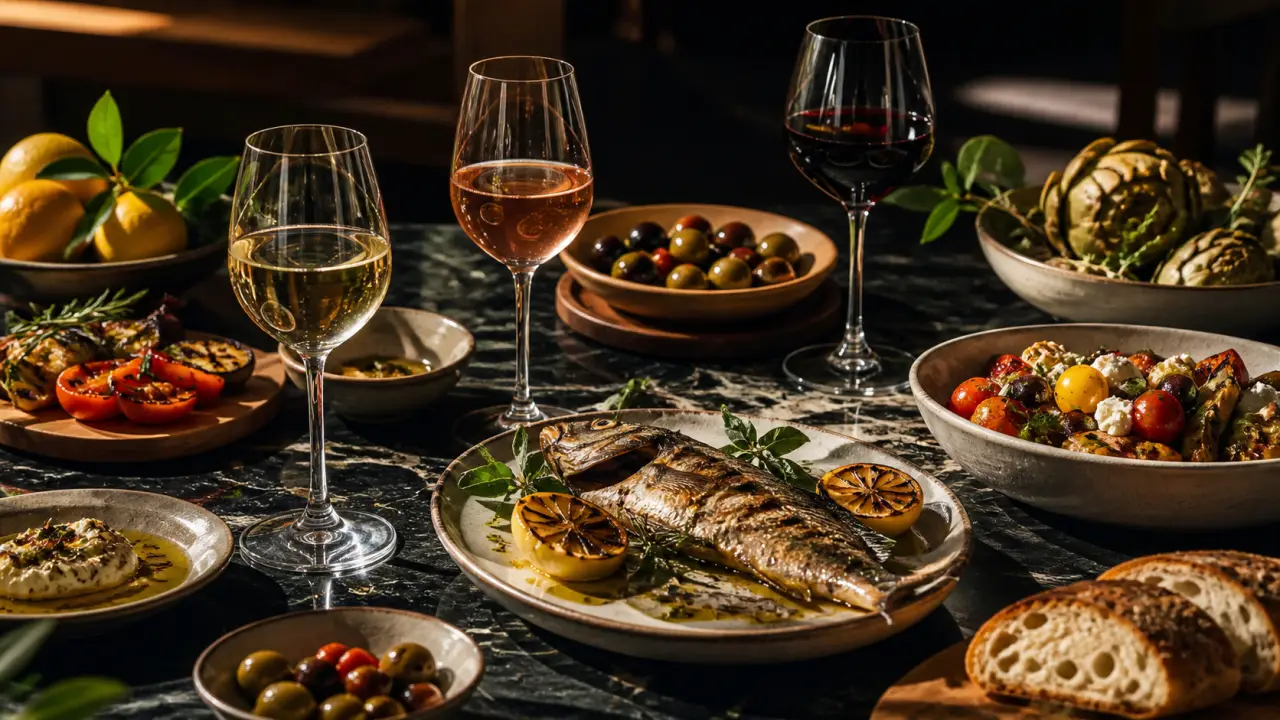 Plat gastronomique méditerranéen sur assiette noire avec éclairage dramatique