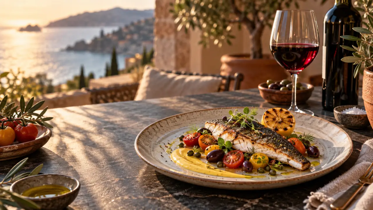 Plat gastronomique méditerranéen servi sur une assiette noire, accompagné d'un verre de vin