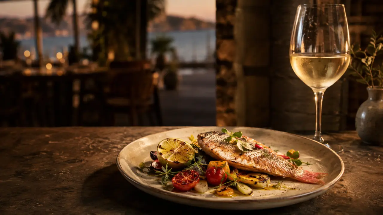 Rouget méditerranéen dressé sur une assiette noire, ambiance gastronomique dramatique