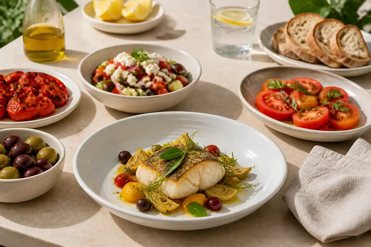 Plat gastronomique méditerranéen en clair-obscur sur assiette noire, avec touches dorées et ambiance luxueuse