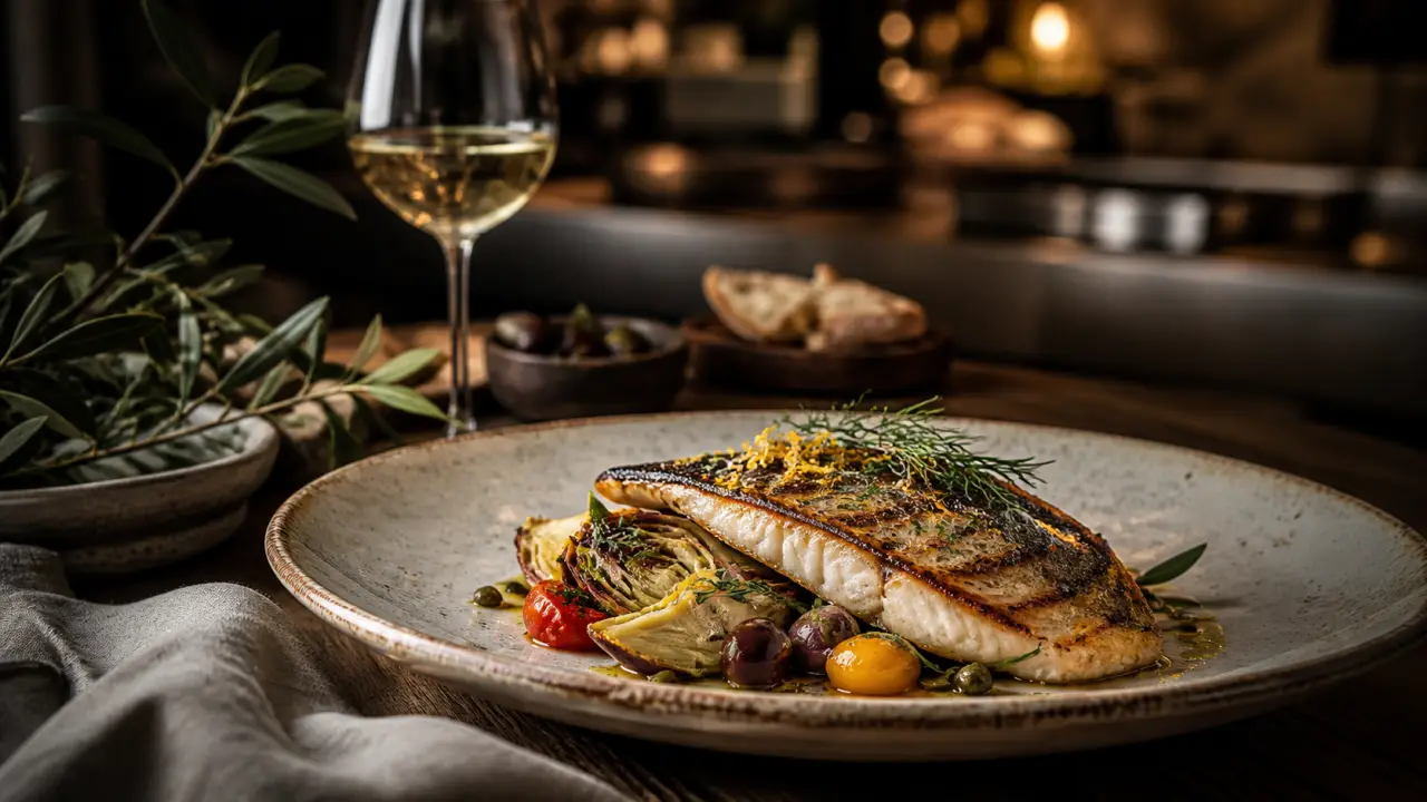 Plat gastronomique méditerranéen chez Giro, dans une ambiance sombre et élégante